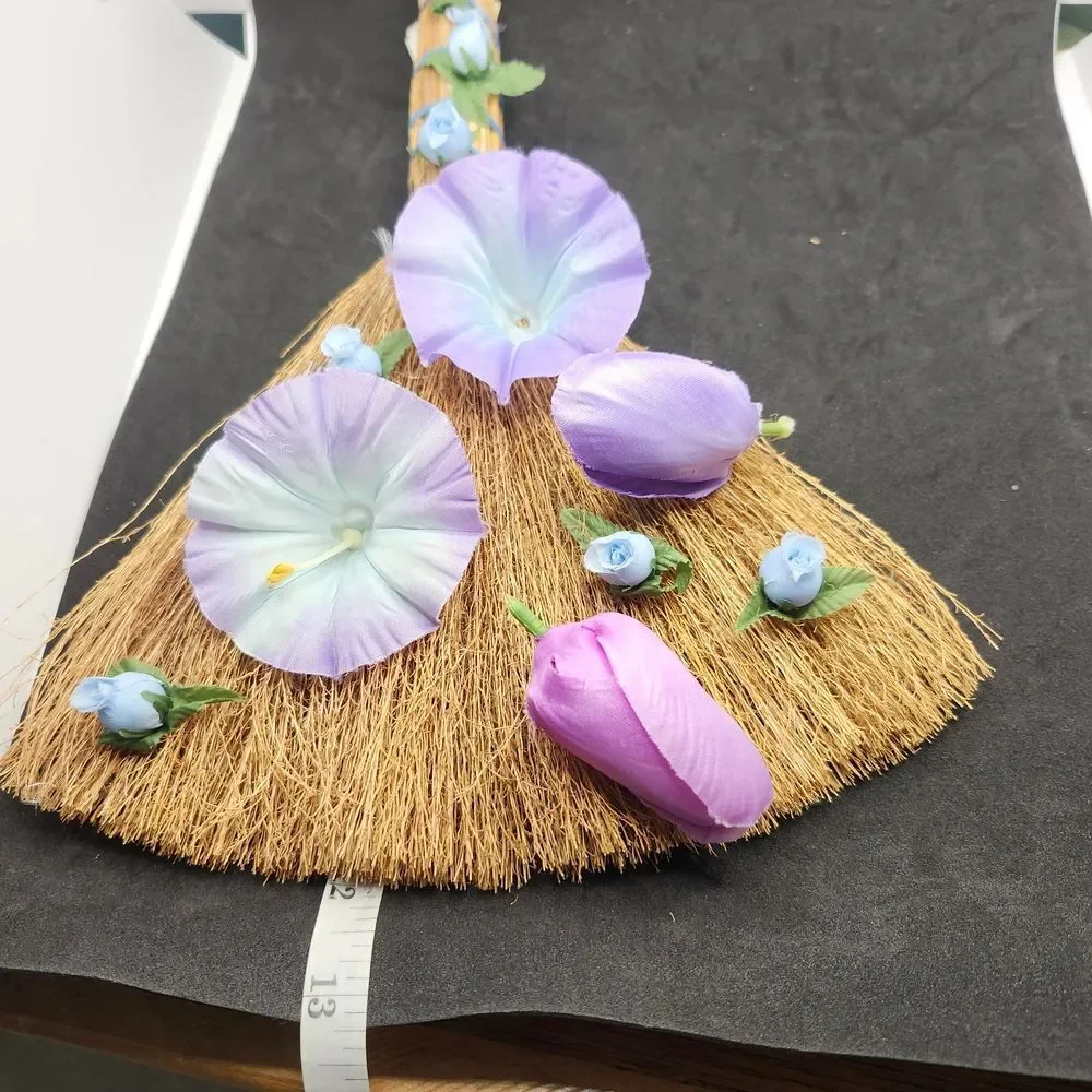 Hand Crafted Decorative Spring Broom  Purple Tulips Blue Morning GloryFlowers